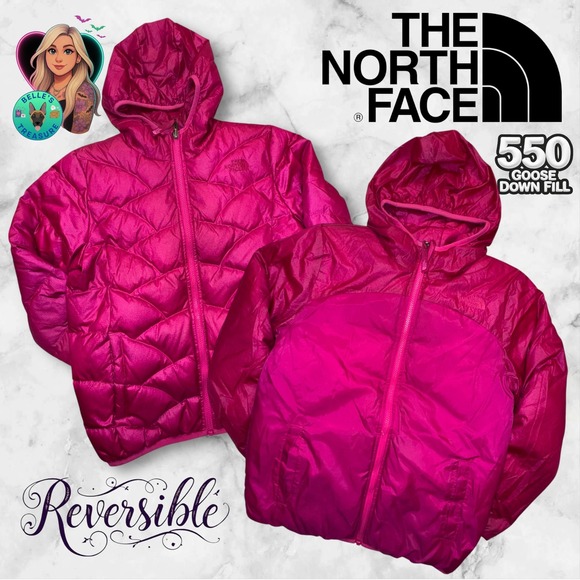 The North Face Girls Large Luna 550 Down Reversible Puffer Hood Jacket Pink Coat